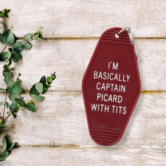 I'm Basically Captain Picard with Tits Motel Style Keychain in Dark Red
