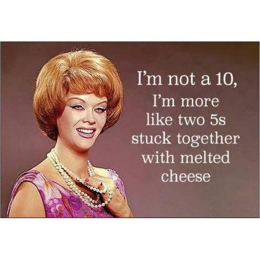 I’m Not a 10, I’m More Like Two 5s Stuck Together With Melted Cheese Magnet | Funny Retro Humor Fridge Magnet