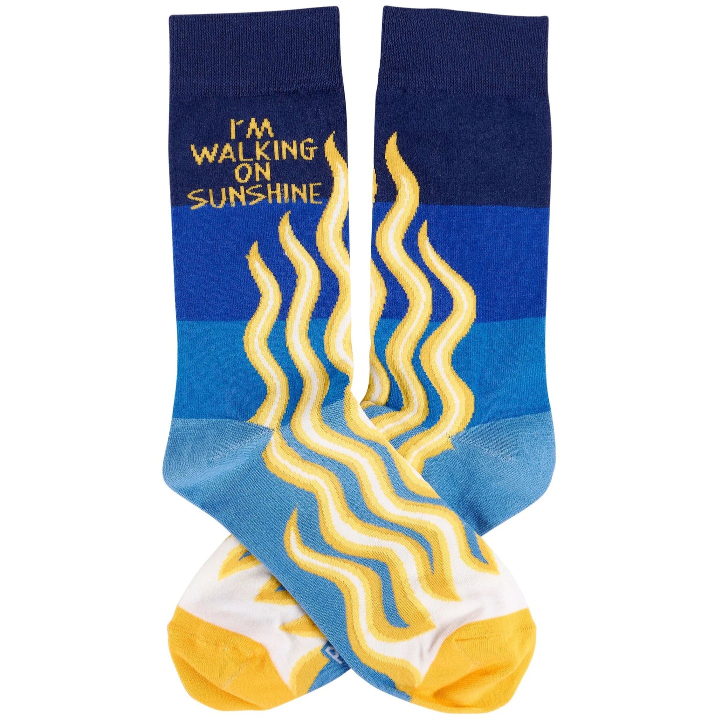 Blue socks with yellow text "I'm Walking on Sunshine"