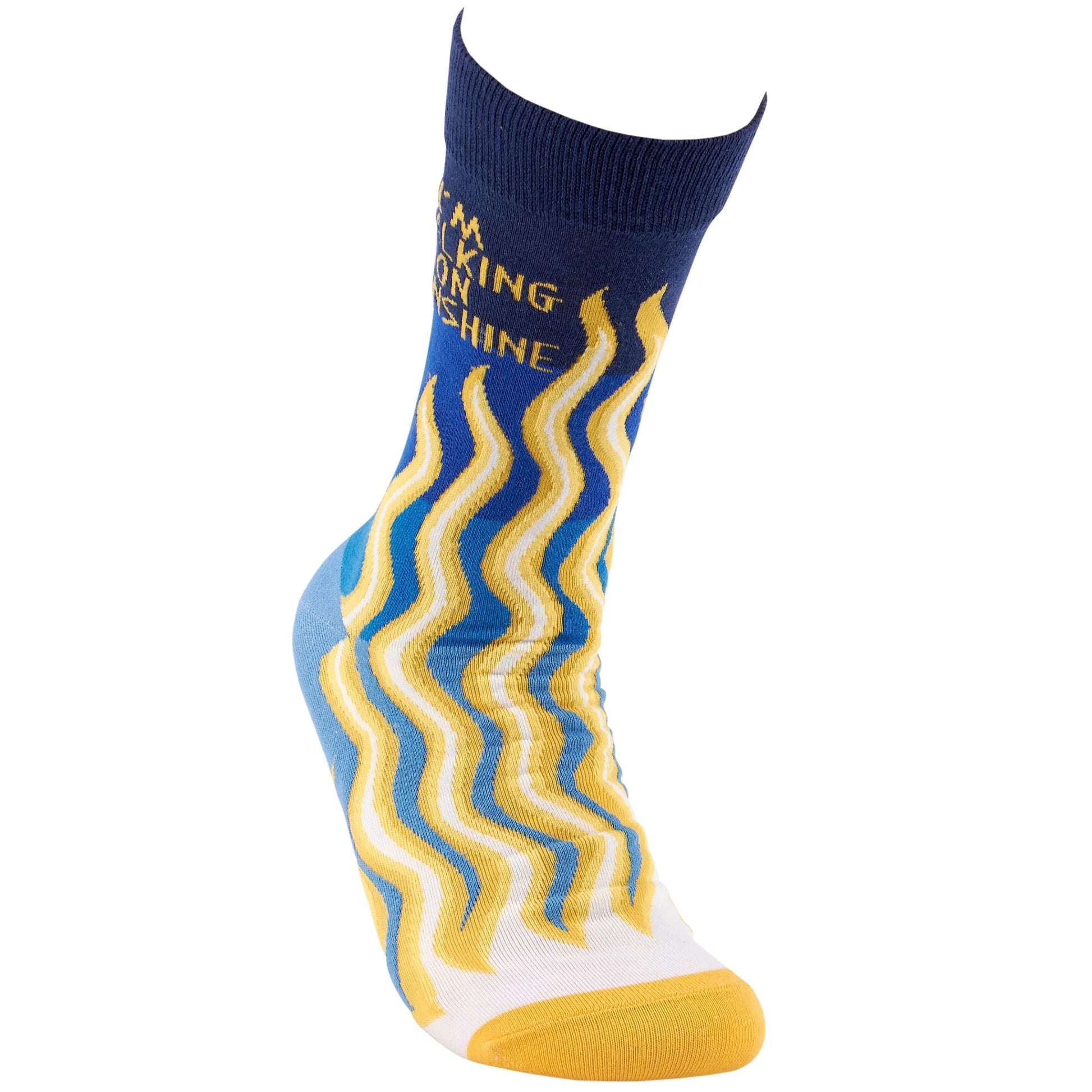 Blue sock with yellow and white wavy pattern 