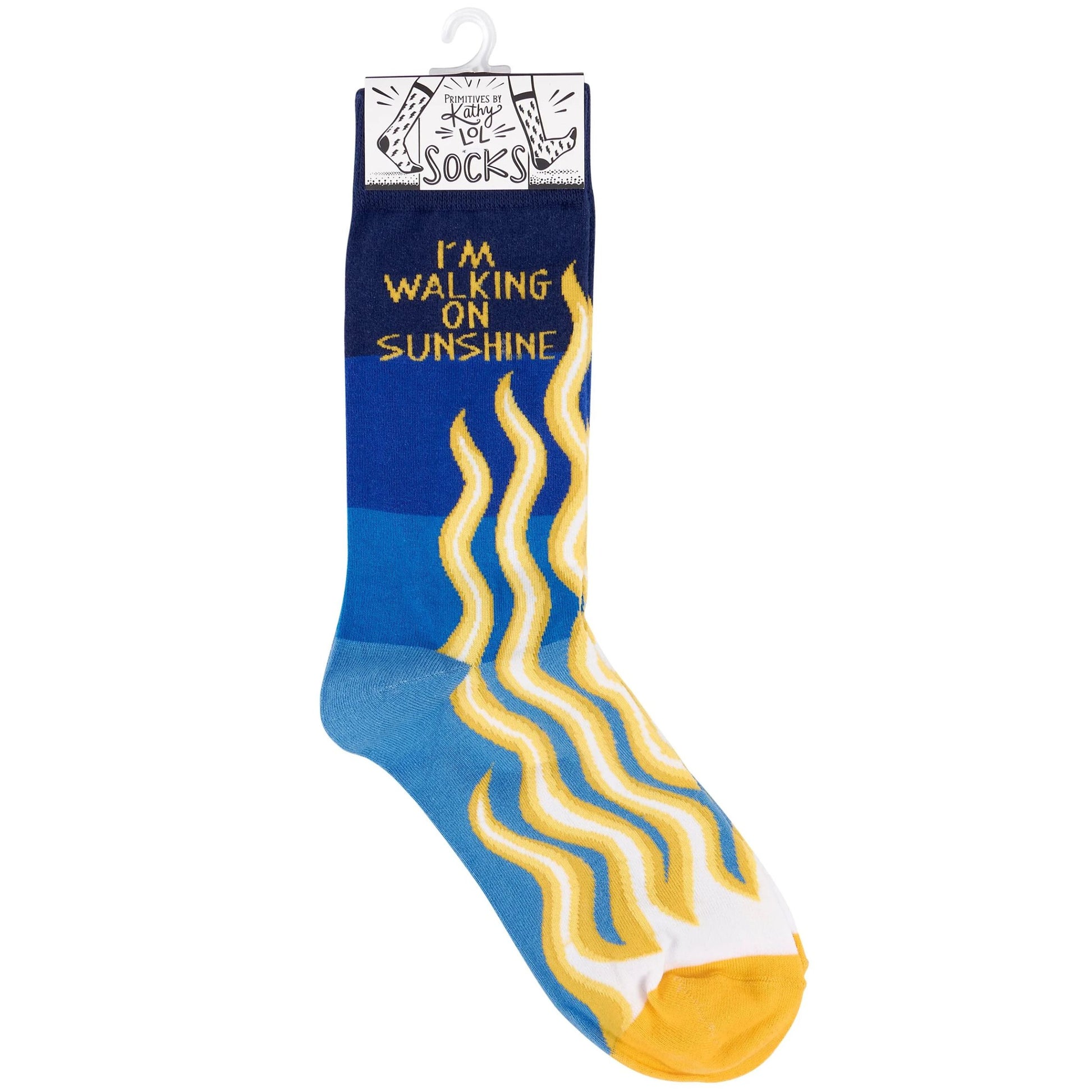 Blue and yellow sock with 'I'm Walking on Sunshine' text on a white background