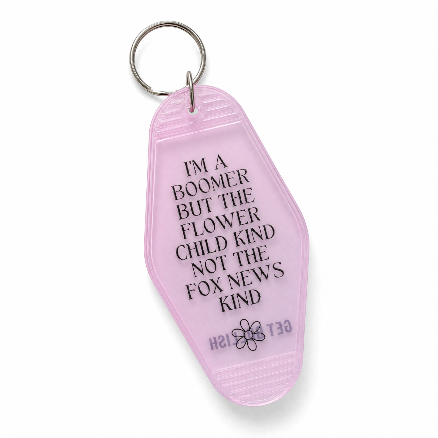 I’m a Boomer But Not the Fox News Kind Motel Style Keychain in Translucent Pink-GetBullish-The Bullish Store