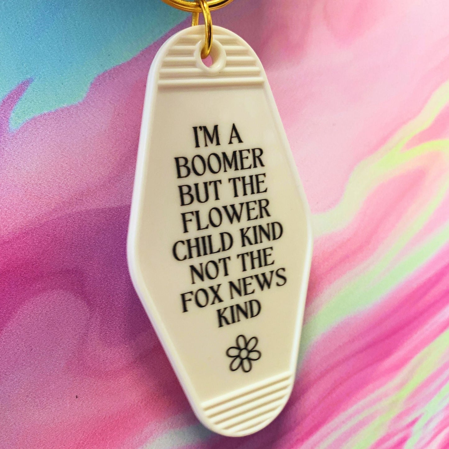 I’m a Boomer But Not the Fox News Kind Motel Style Keychain in White