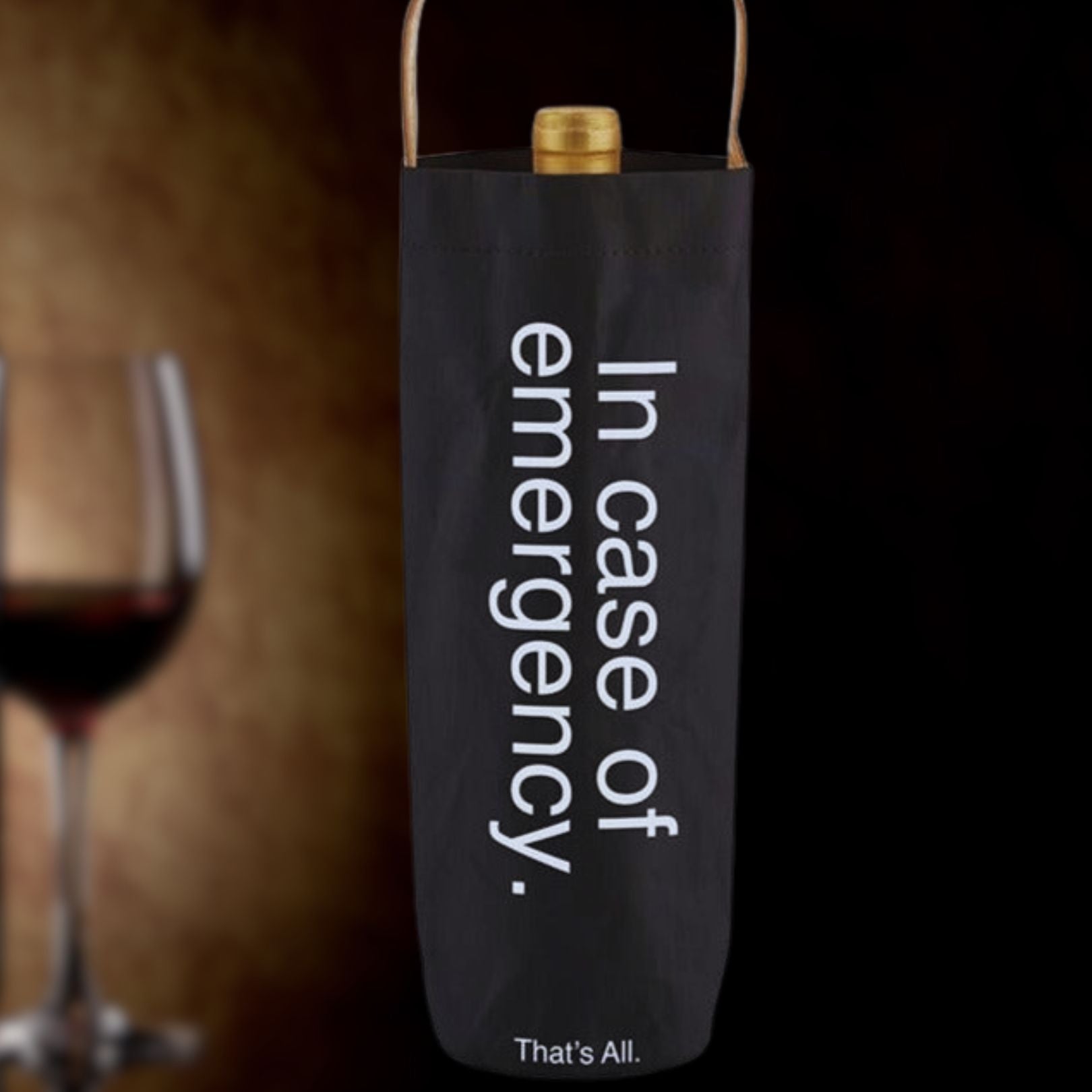 In Case Of Emergency Black Wine Bottle Bag | Gloss Black Tote | Holds Standard Wine Bottle for Gifting