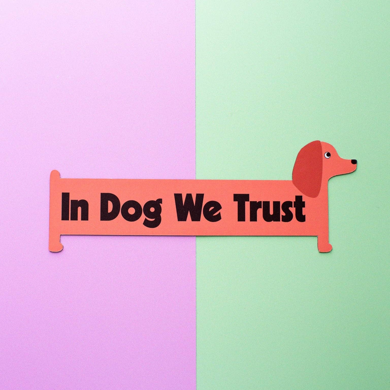 Cartoon dog with 'In Dog We Trust' text on a pink banner against a split pink and green background