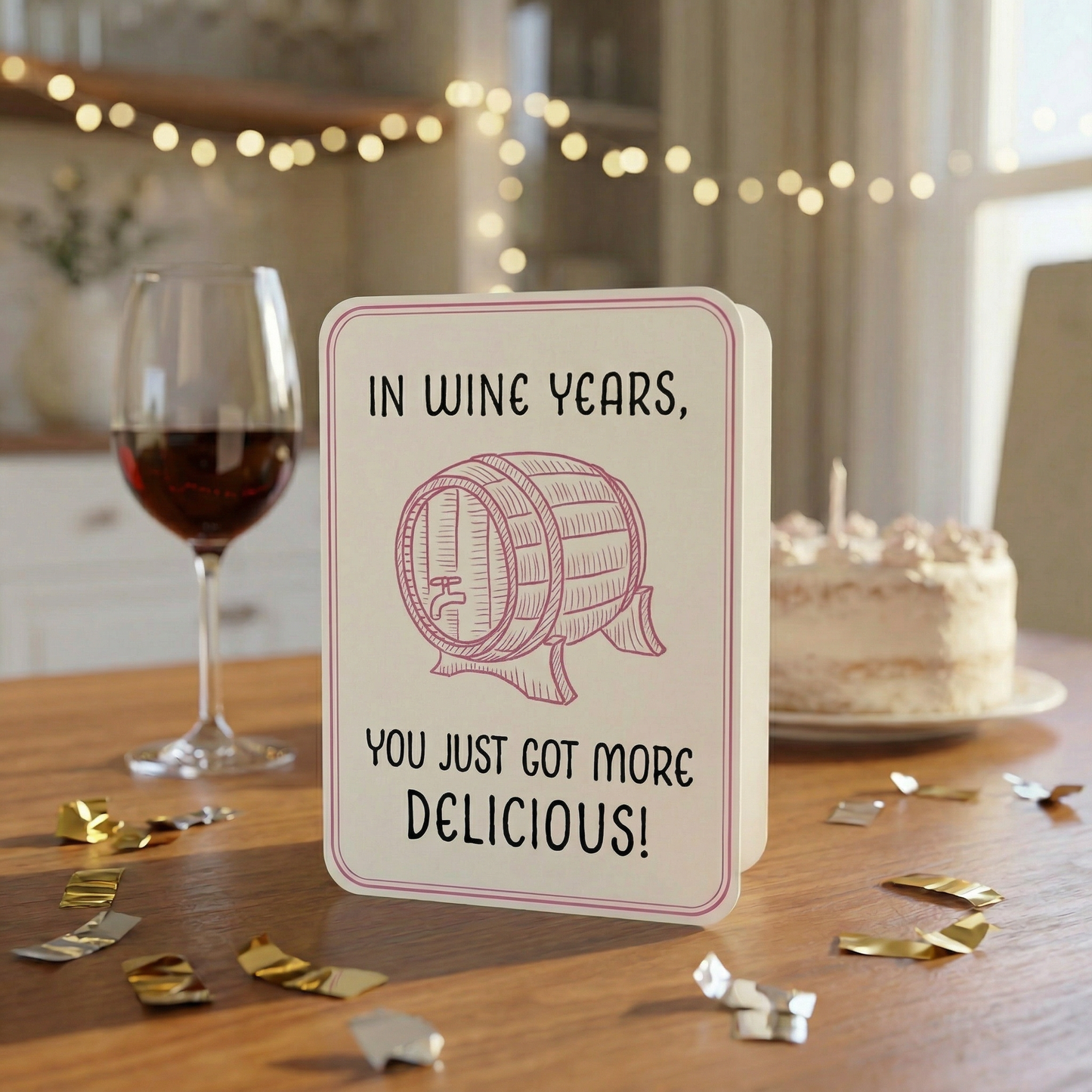In Wine Years, You Just Got More Delicious Wine Barrel Deluxe Note Card with Sticker