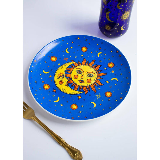 Vintage Celestial Dinner Plate in Yellow and Blue | Sun Moon Stars Ceramic Dish Tableware | 9"