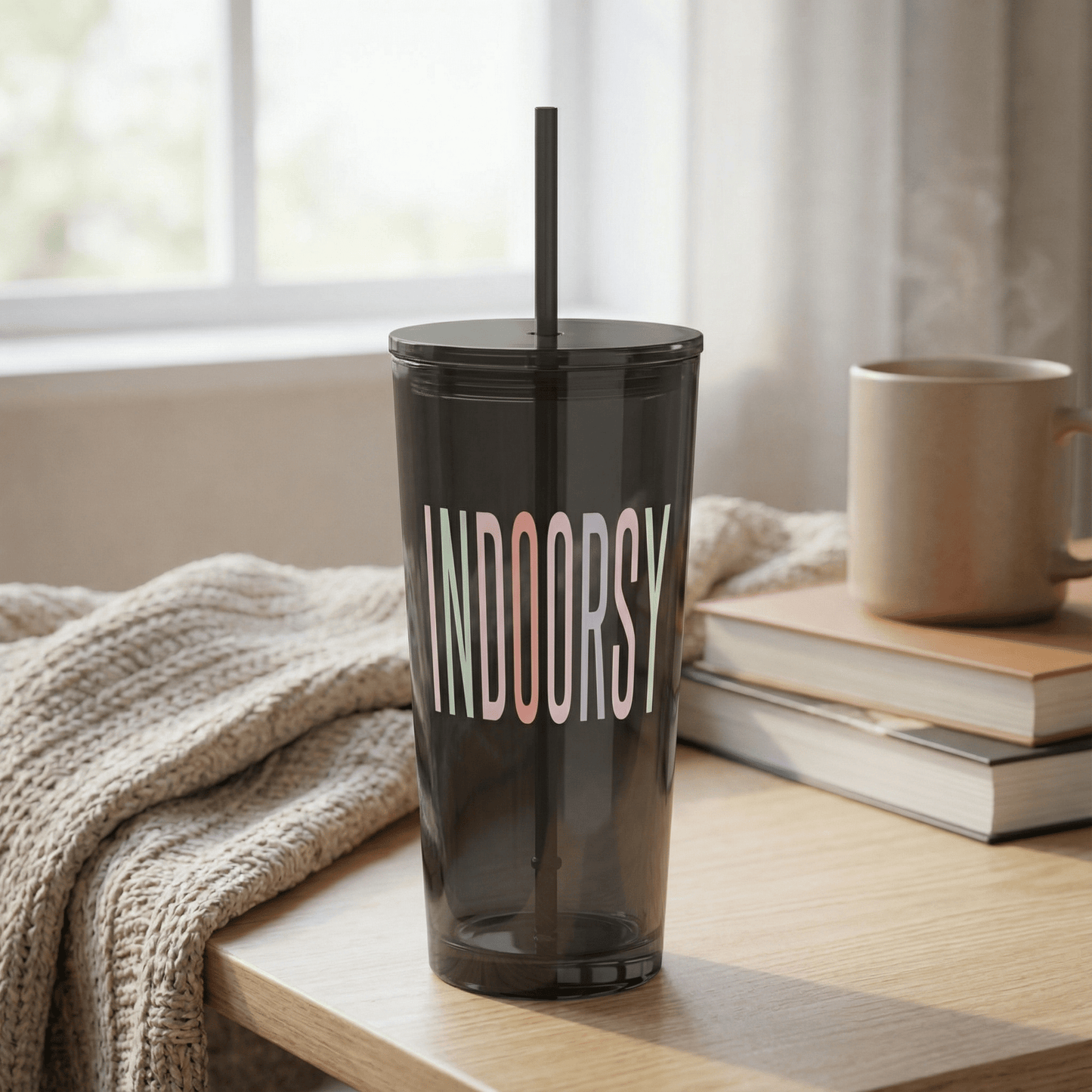 Indoorsy Glass Tumbler with Straw | Coffee Cocktail Black Glass | 20oz