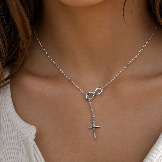 Infinity Cross Necklace in Silver | Cross Through Infinity Symbol | 16" + 2" Drop