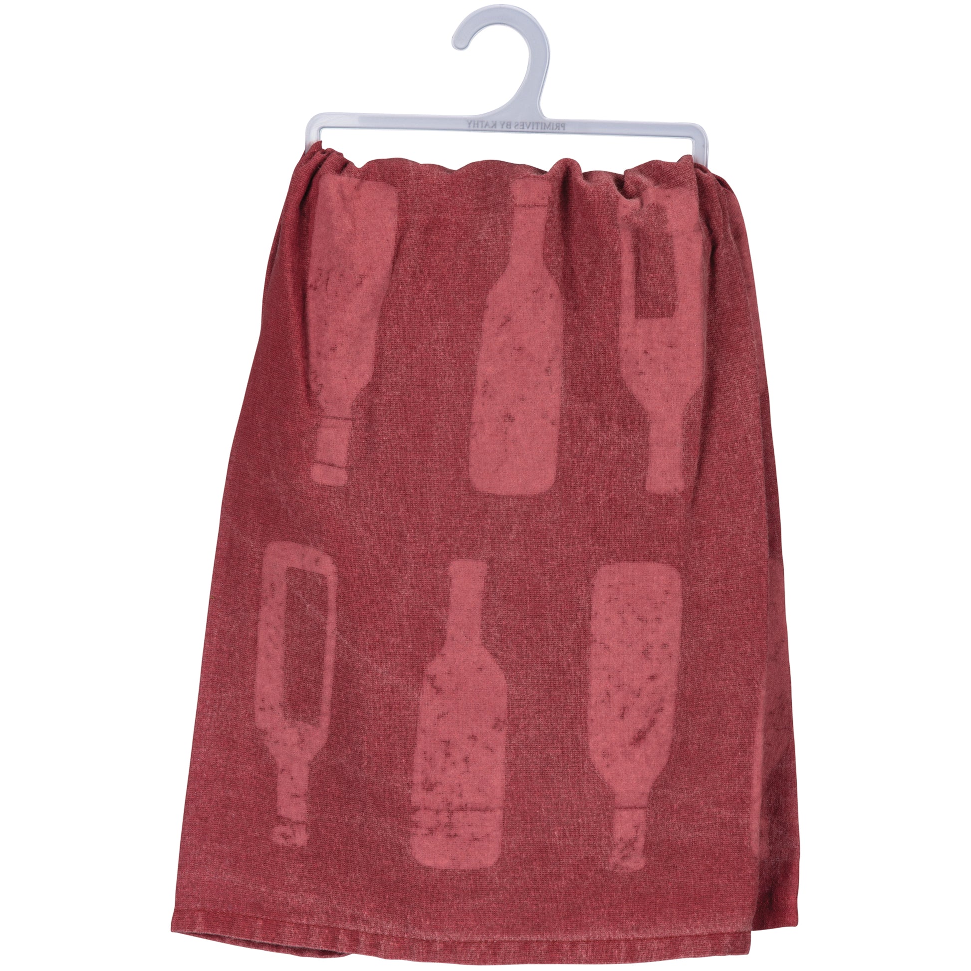 Red towel with bottle pattern on a white hanger