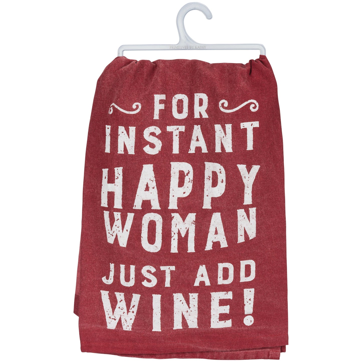 Red kitchen towel with white text on a hanger