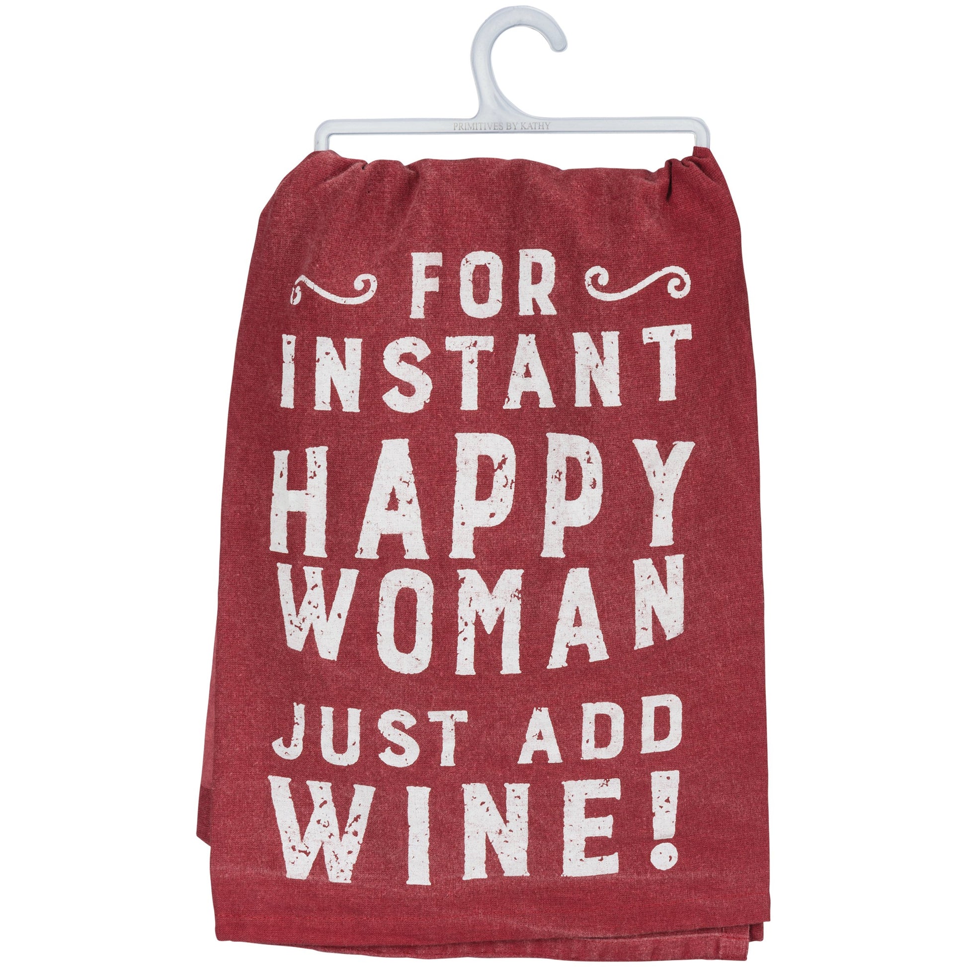 Red kitchen towel with white text on a hanger