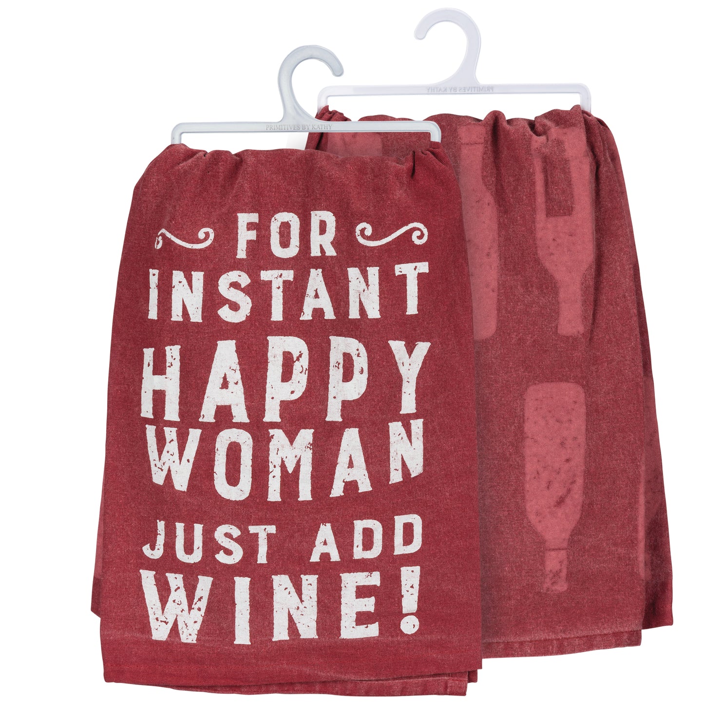 Red towel with white text and wine bottle graphic on a hanger