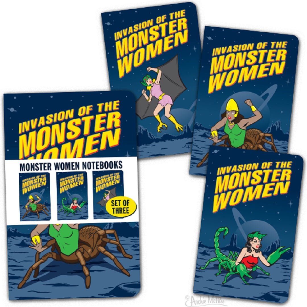 Invasion of the Monster Women Mini Notebooks - Set of 3 | Retro Comic Book Style Illustrations