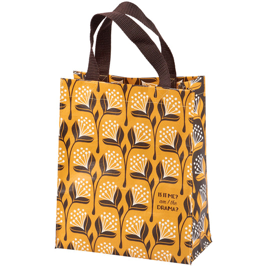 Reusable shopping bag with floral pattern and text on a white background