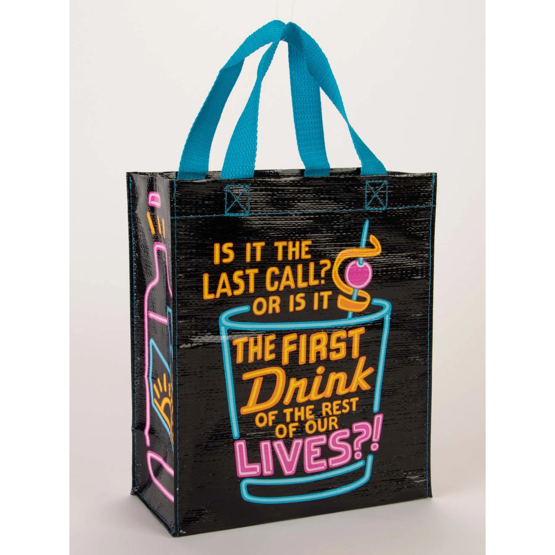BlueQ black tote bag with colorful text and graphics