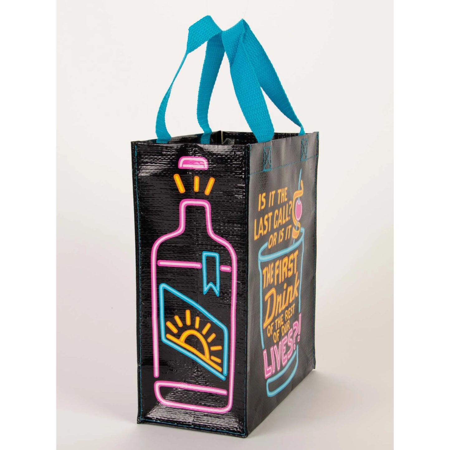 Black tote bag with colorful neon-style graphics and text