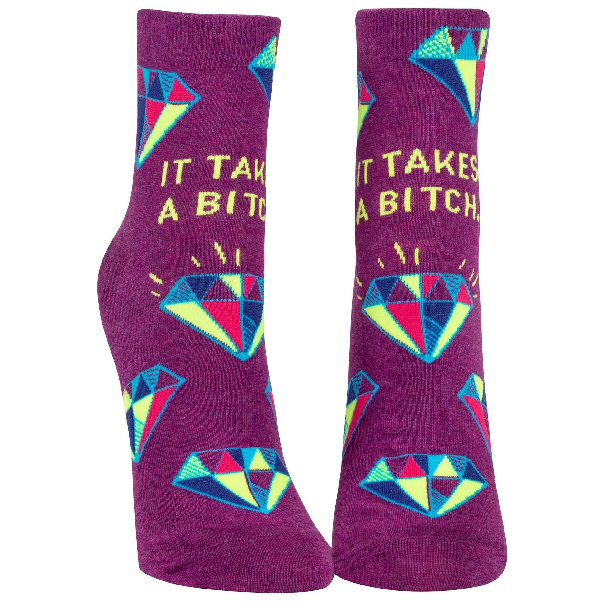 It Takes a Bitch Women's Ankle Socks | Purple with Diamond Motif | BlueQ at GetBullish