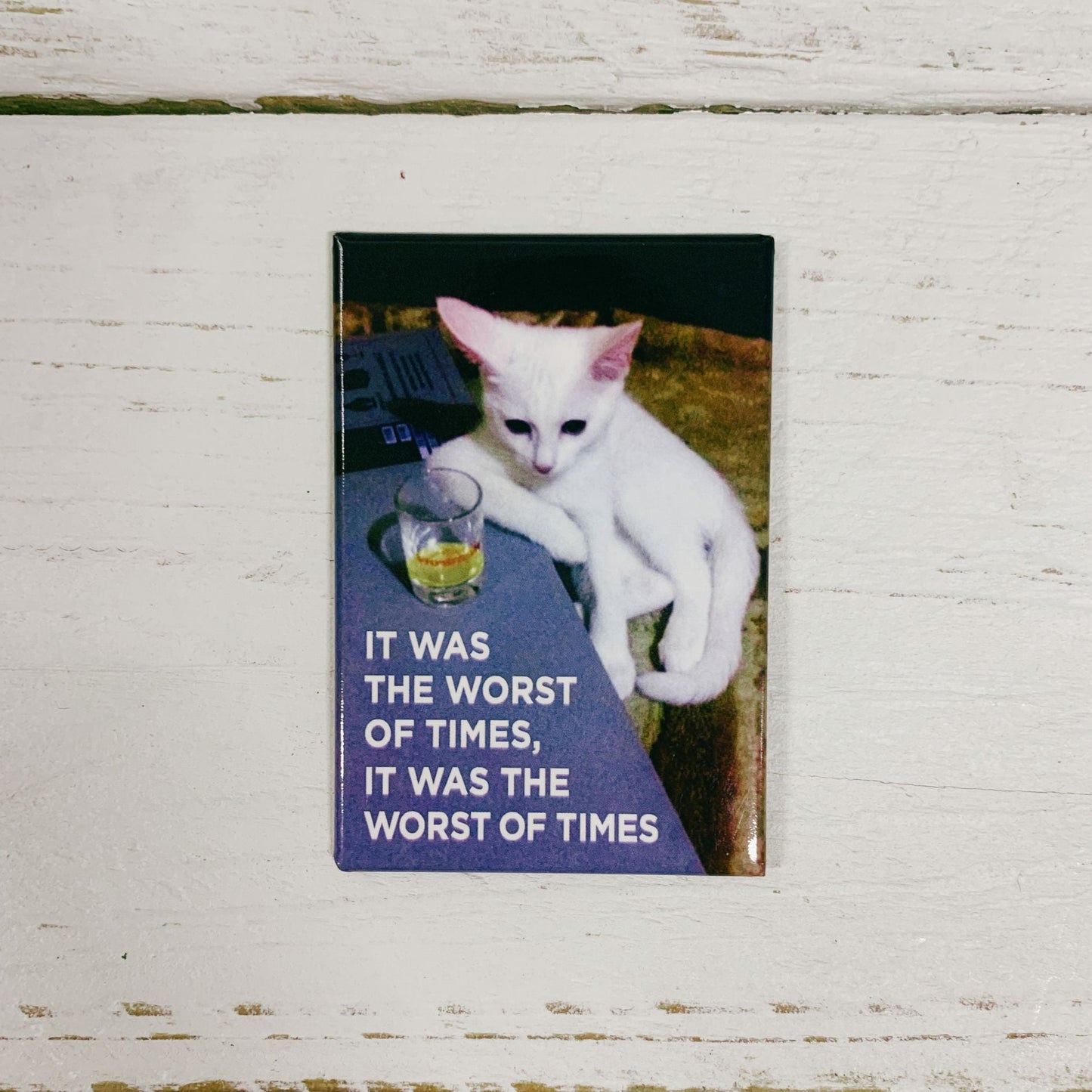 It Was The Worst Of Times, It Was Funny White Cat Magnet | Rectangular Magnetic Surface Fridge Decor | 3" x 2"
