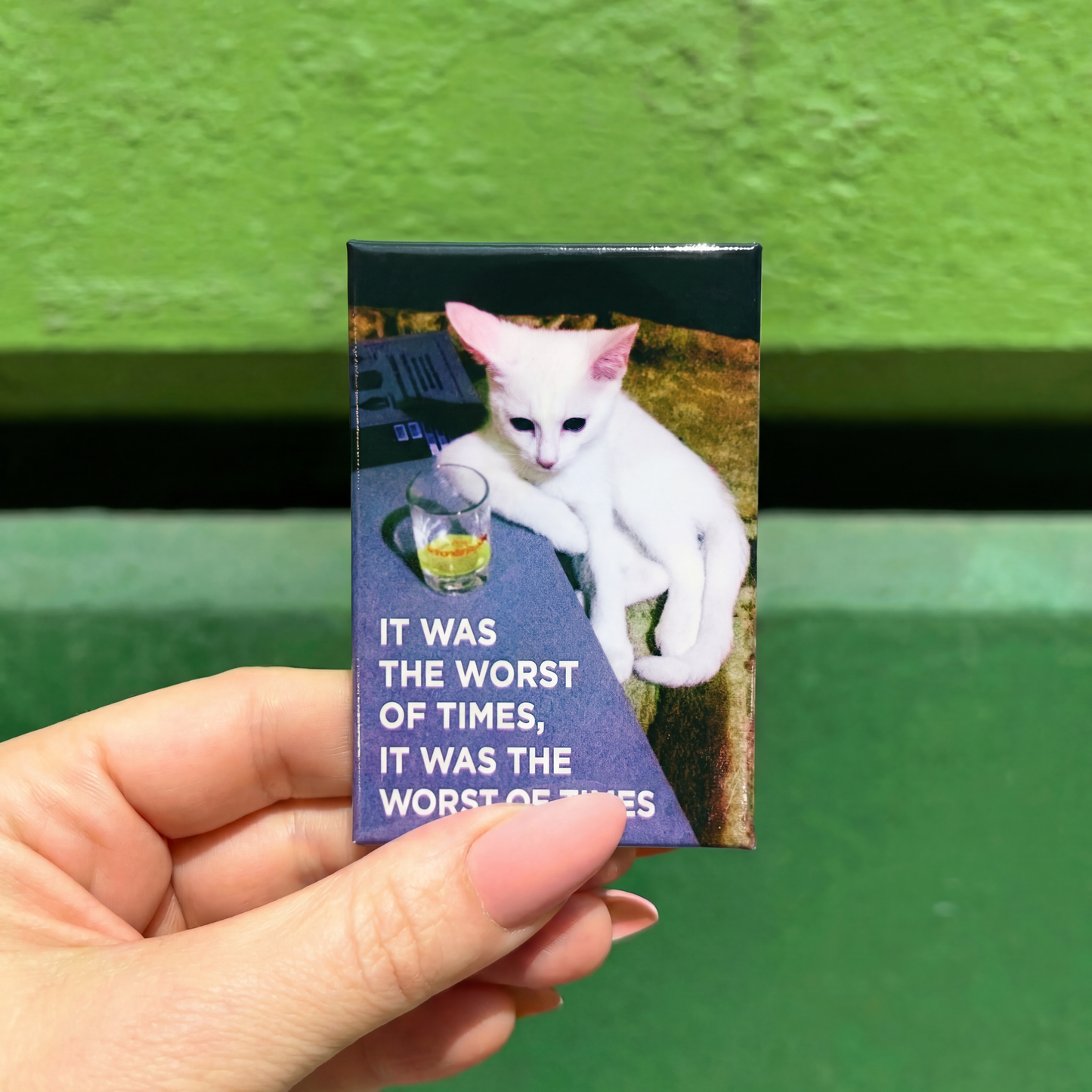 It Was The Worst Of Times, It Was Funny White Cat Magnet | Rectangular Magnetic Surface Fridge Decor | 3" x 2"