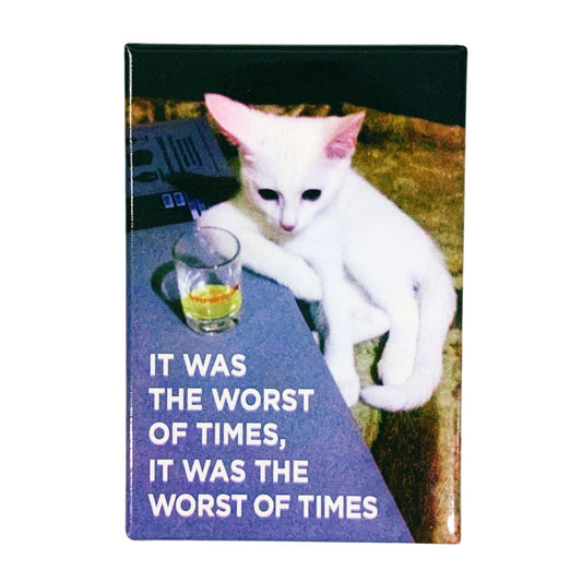 It Was The Worst Of Times, It Was Funny White Cat Magnet | Rectangular Magnetic Surface Fridge Decor | 3" x 2"