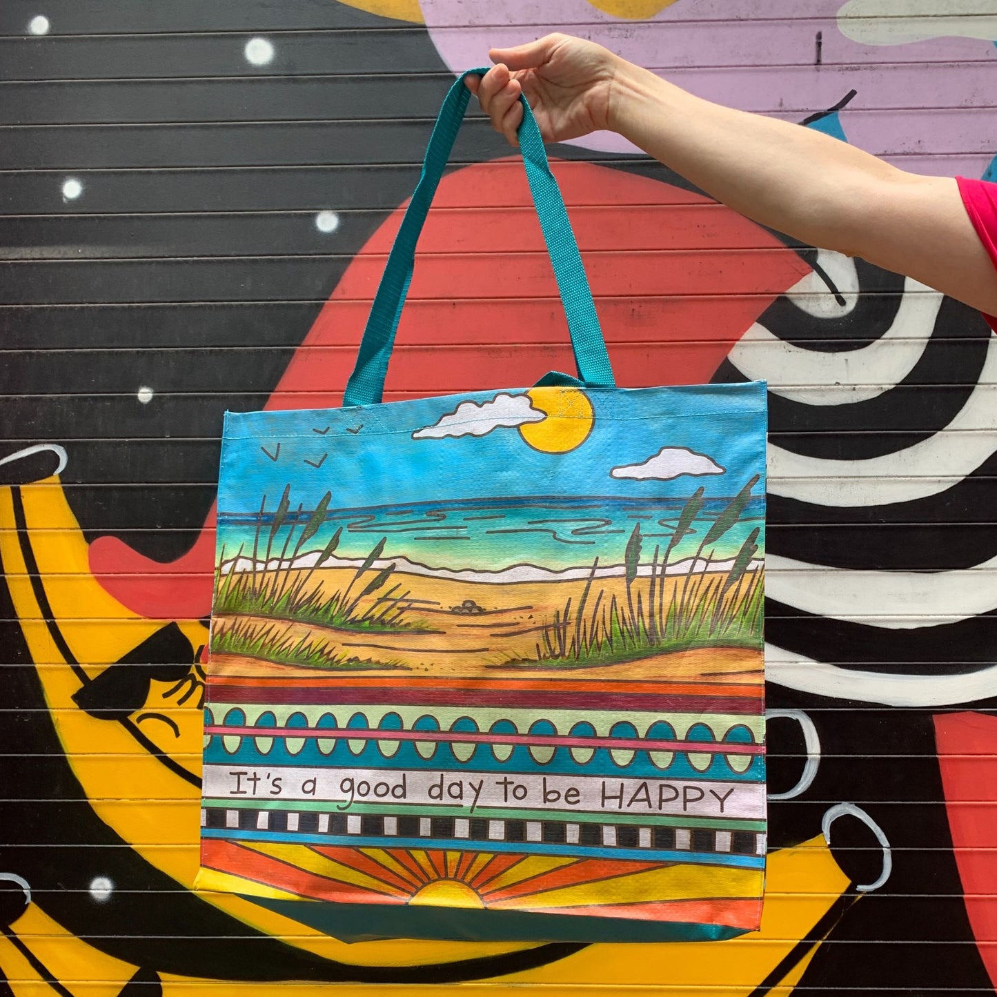 It's A Good Day To Be Happy Beach Shopping Tote Bag | Extra Large Market Eco Bag | 19.50" x 17.50" x 7"