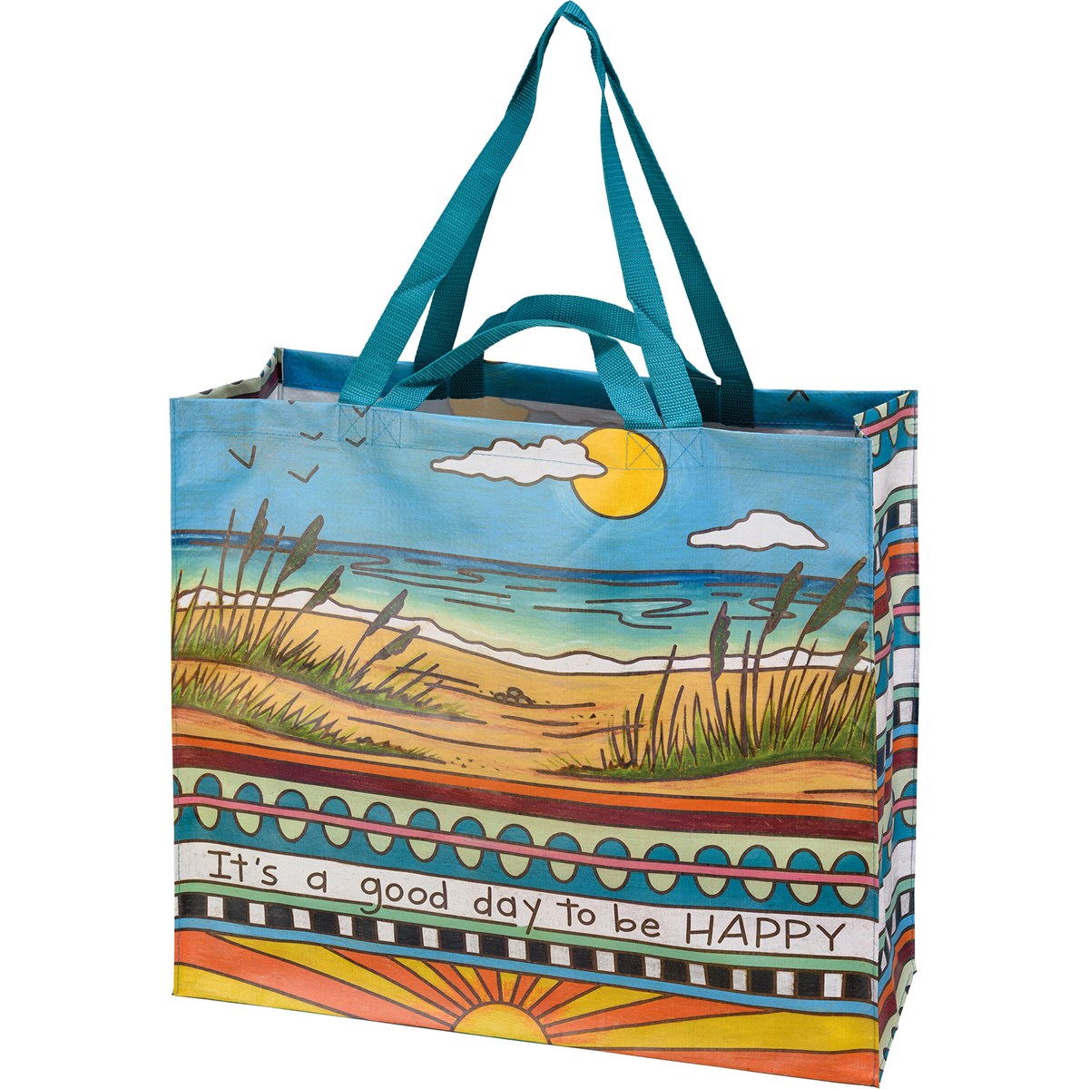 It's A Good Day To Be Happy Beach Shopping Tote Bag | Extra Large Market Eco Bag | 19.50" x 17.50" x 7"