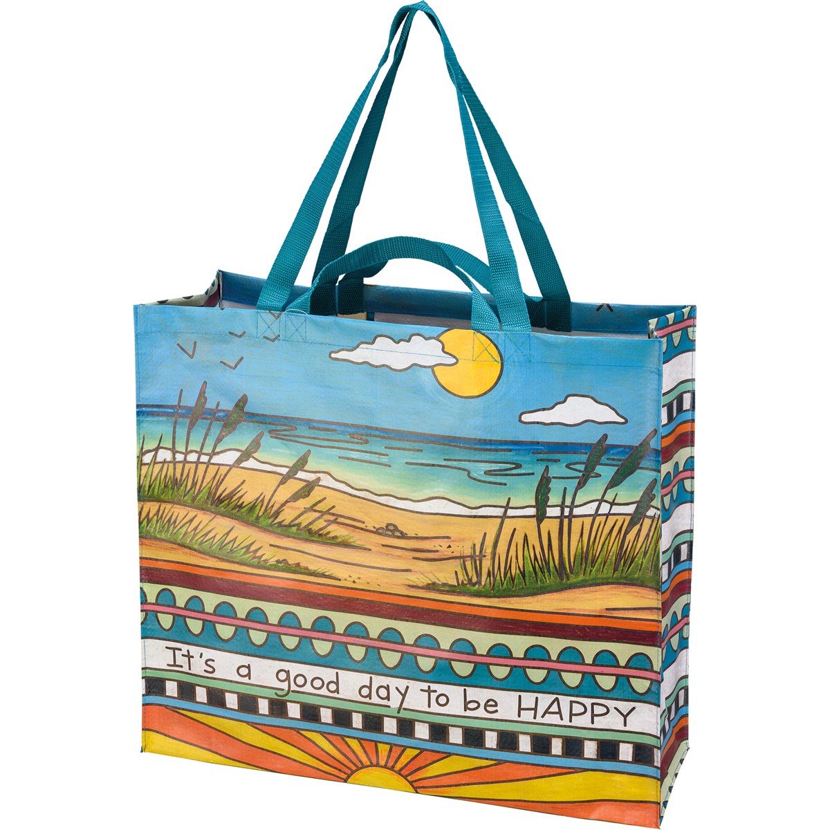 It's A Good Day To Be Happy Beach Shopping Tote Bag | Extra Large Market Eco Bag | 19.50" x 17.50" x 7"