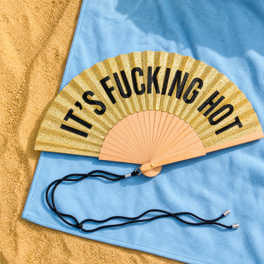 It's Fucking Hot Gold Glitter Wooden Hand Fan | Funny Hot Weather Foldable Fan