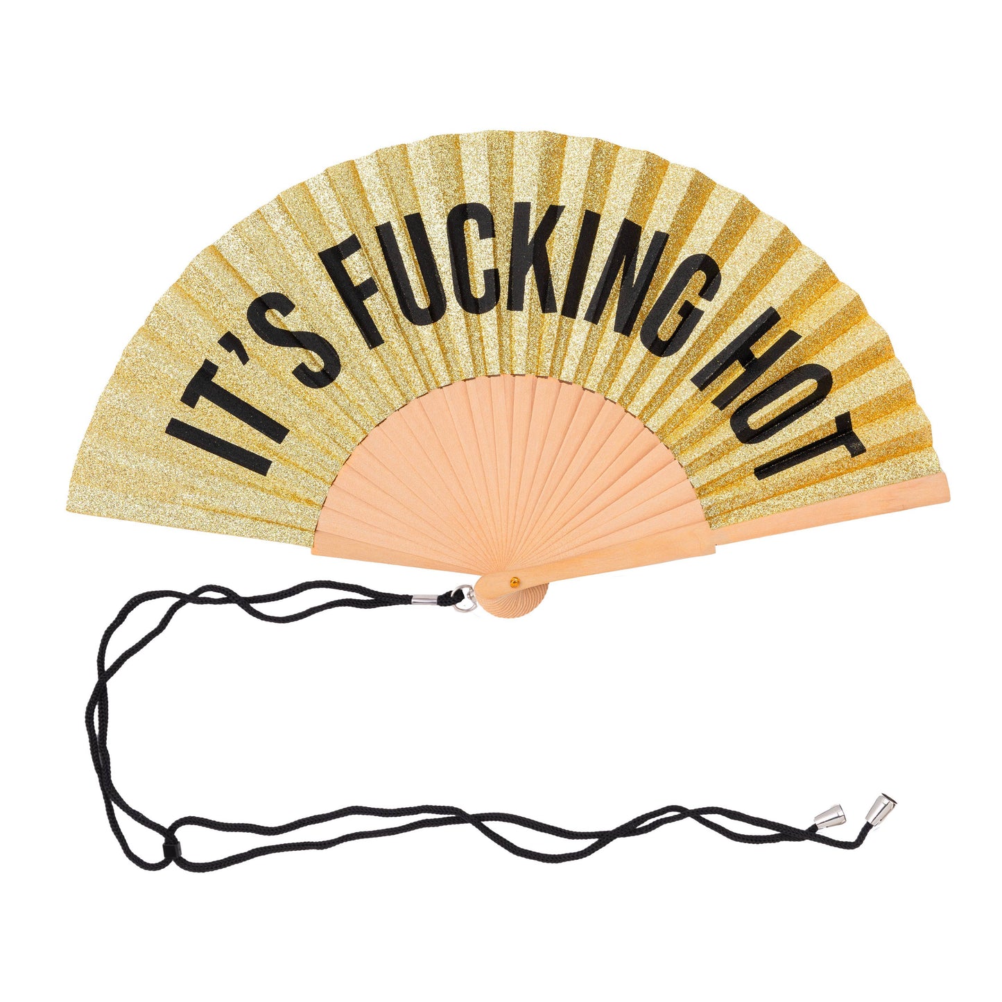 Handheld fan with 'IT'S FUCKING HOT' text 
