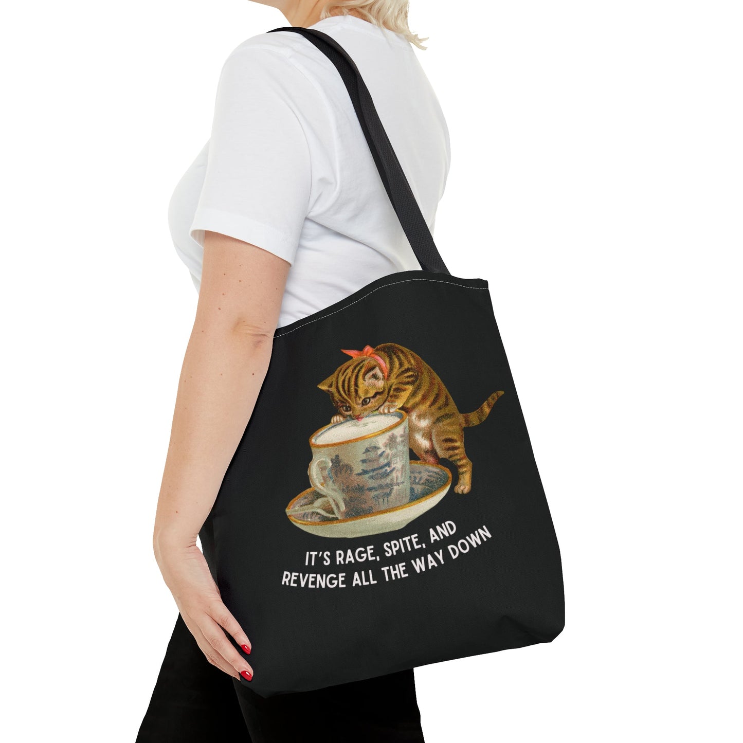 It's Rage, Spite, and Revenge All the Way Down Cat Tote Bag in Black | 16" x 16"