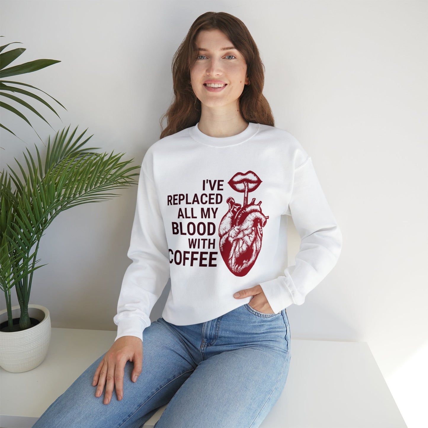 I've Replaced All My Blood With Coffee Unisex Heavy Blend™ Crewneck Sweatshirt Sizes SM-5XL | Plus Size Available