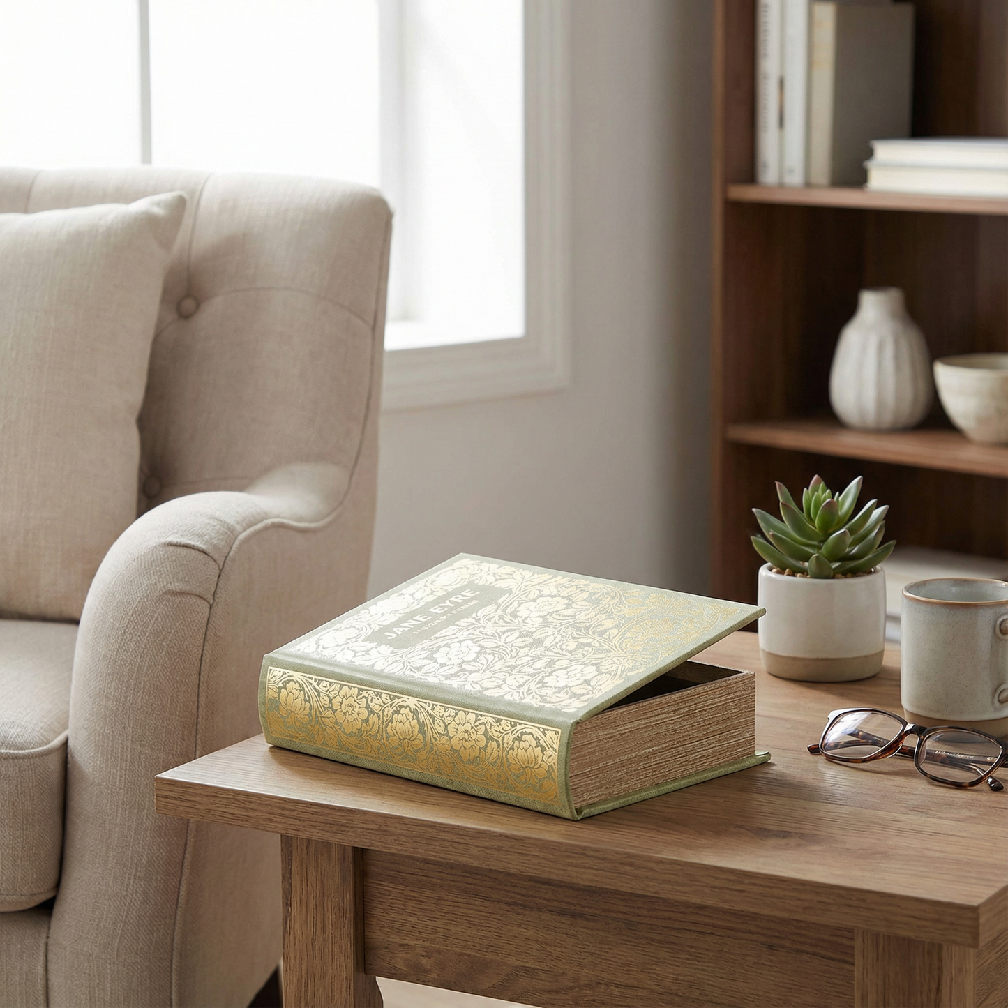 Jane Eyre Gold Floral Book Box | Faux Leather Wrap Book Shaped Storage Stash Trinket Box