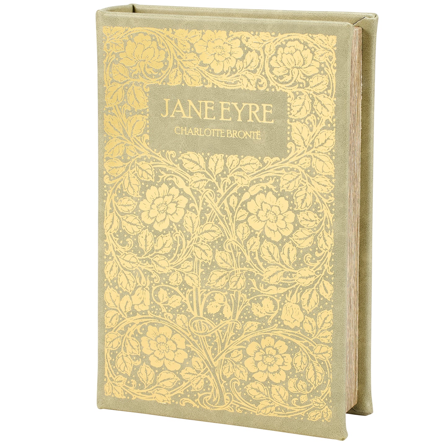 Jane Eyre Gold Floral Book Box | Faux Leather Wrap Book Shaped Storage Stash Trinket Box