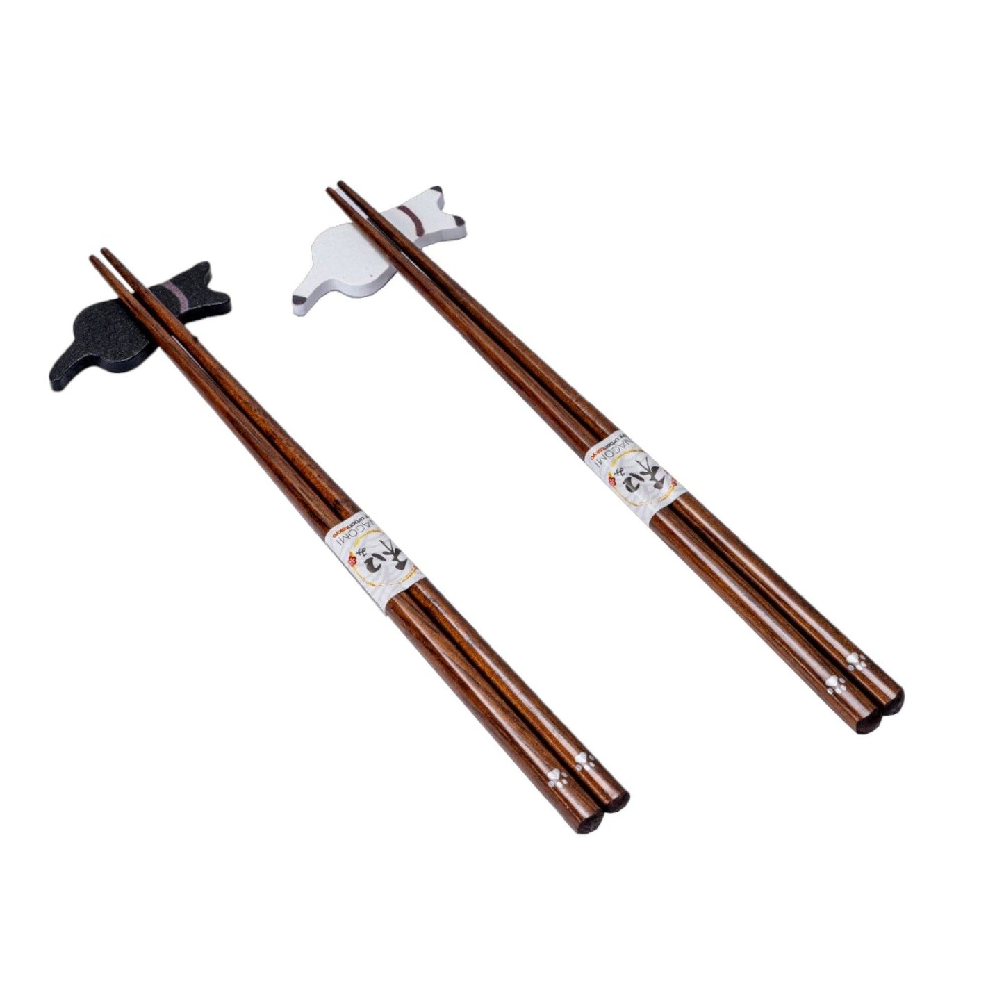 Japanese Black & White Cat Wooden Chopsticks Gift Set | 2 Pairs + Chopstick Rests