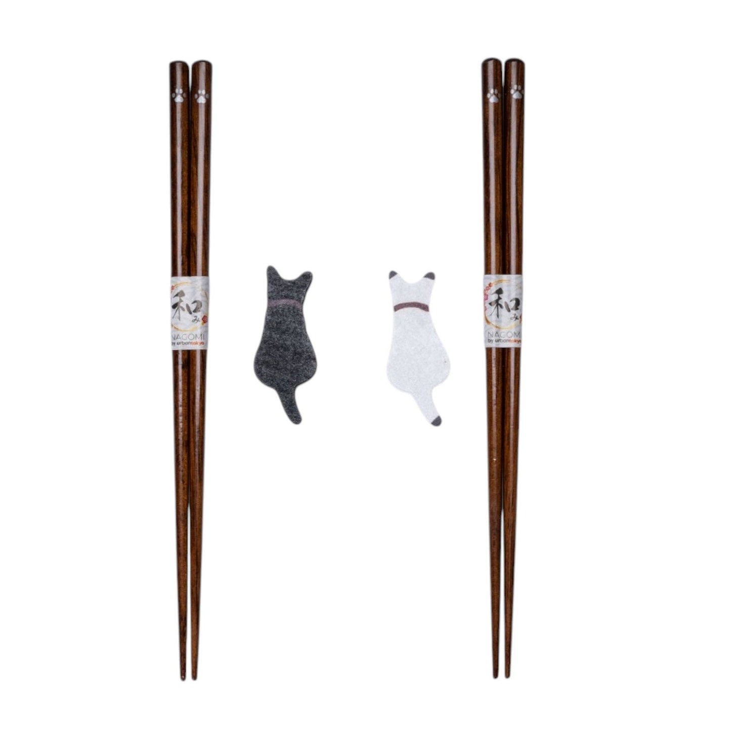 Japanese Black & White Cat Wooden Chopsticks Gift Set | 2 Pairs + Chopstick Rests