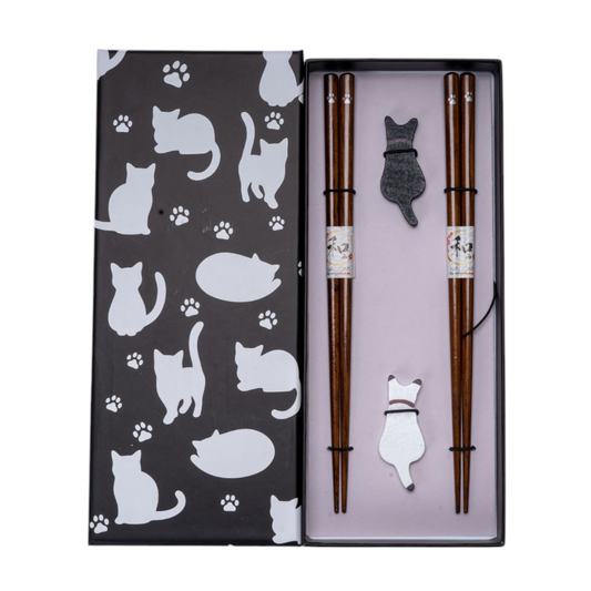 Japanese Black & White Cat Wooden Chopsticks Gift Set | 2 Pairs + Chopstick Rests