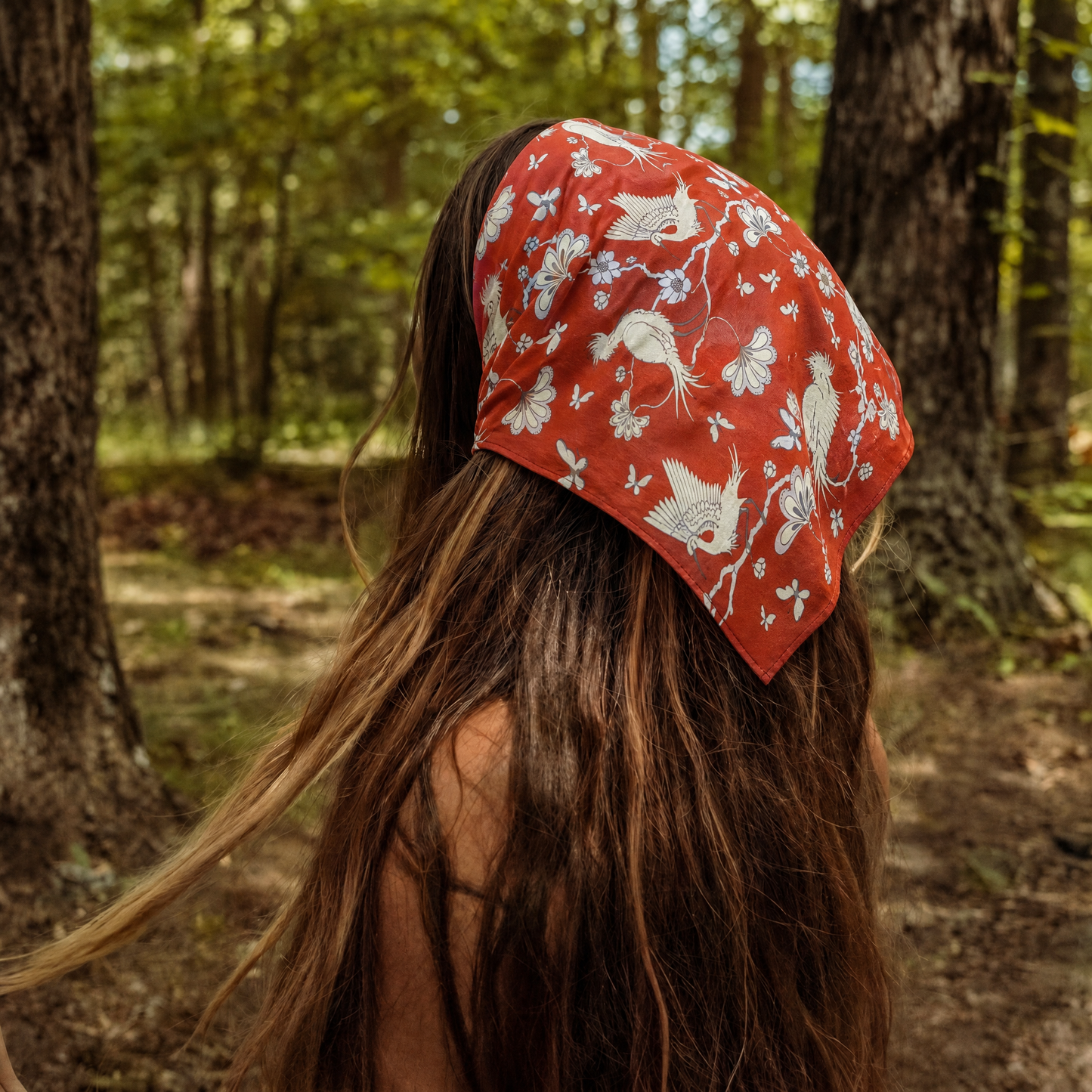 Japanese Crane Print Cotton Bandana | 22" x 22" in Red