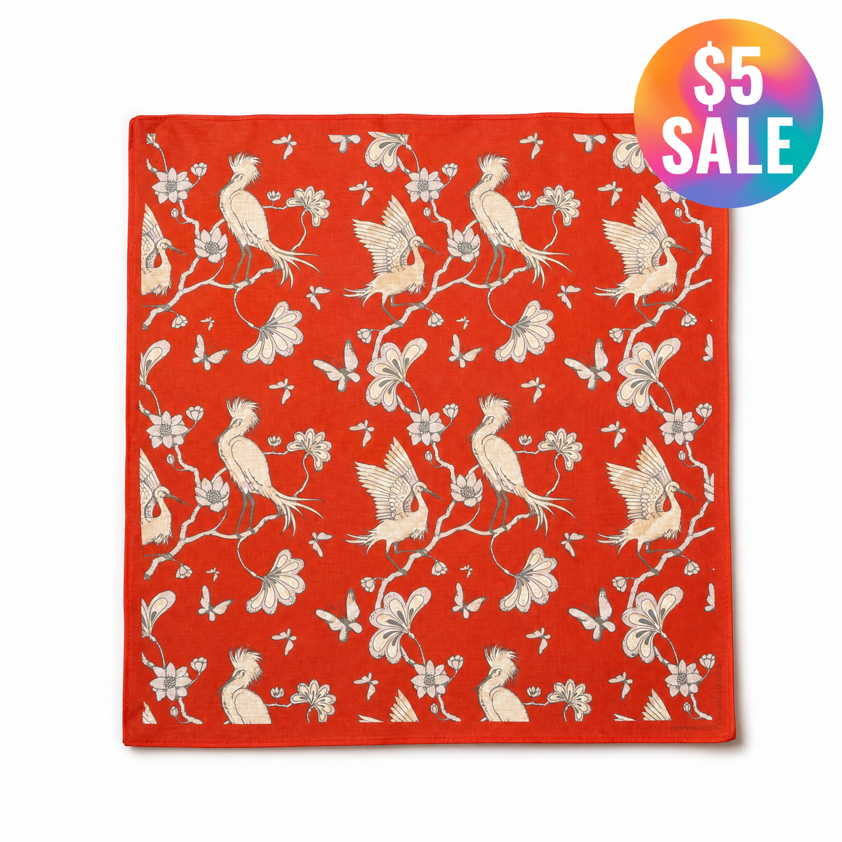 Japanese Crane Print Cotton Bandana | 22" x 22" in Red-Paper & Quartz-The Bullish Store