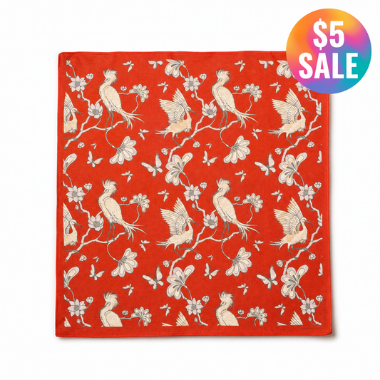 Japanese Crane Print Cotton Bandana | 22" x 22" in Red-Paper & Quartz-The Bullish Store