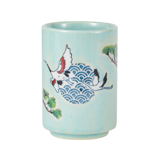 Japanese Crane Yunomi Tea Cup –  Porcelain with Reactive Glaze | Gift for Tea Lovers | 10oz