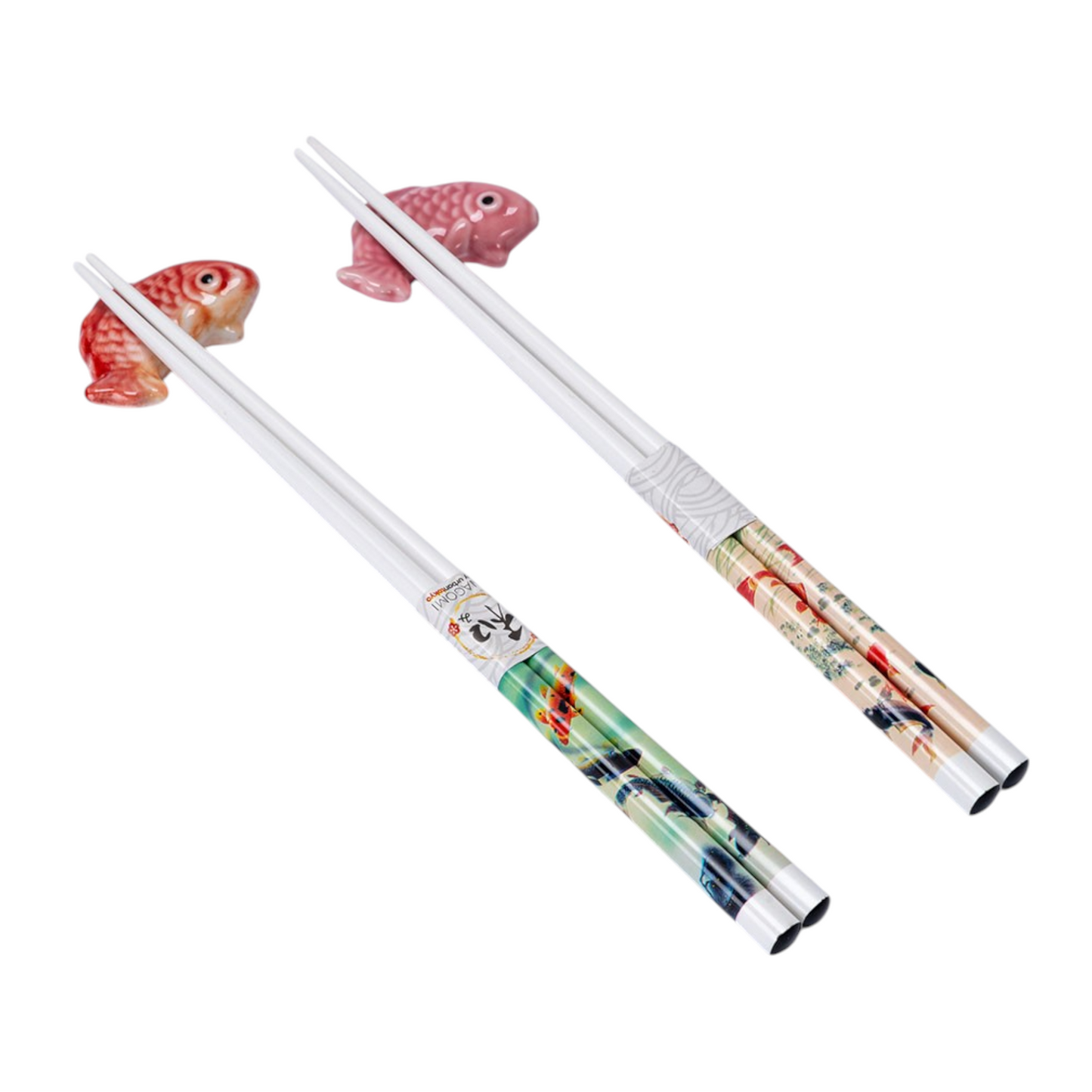 Pair of chopsticks with fish-shaped holders on a white background