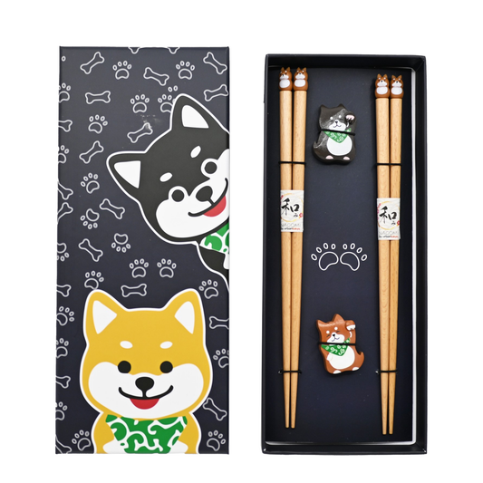 Japanese Shiba Inu Wooden Chopsticks Gift Set | 2 Pairs + Chopstick Rests