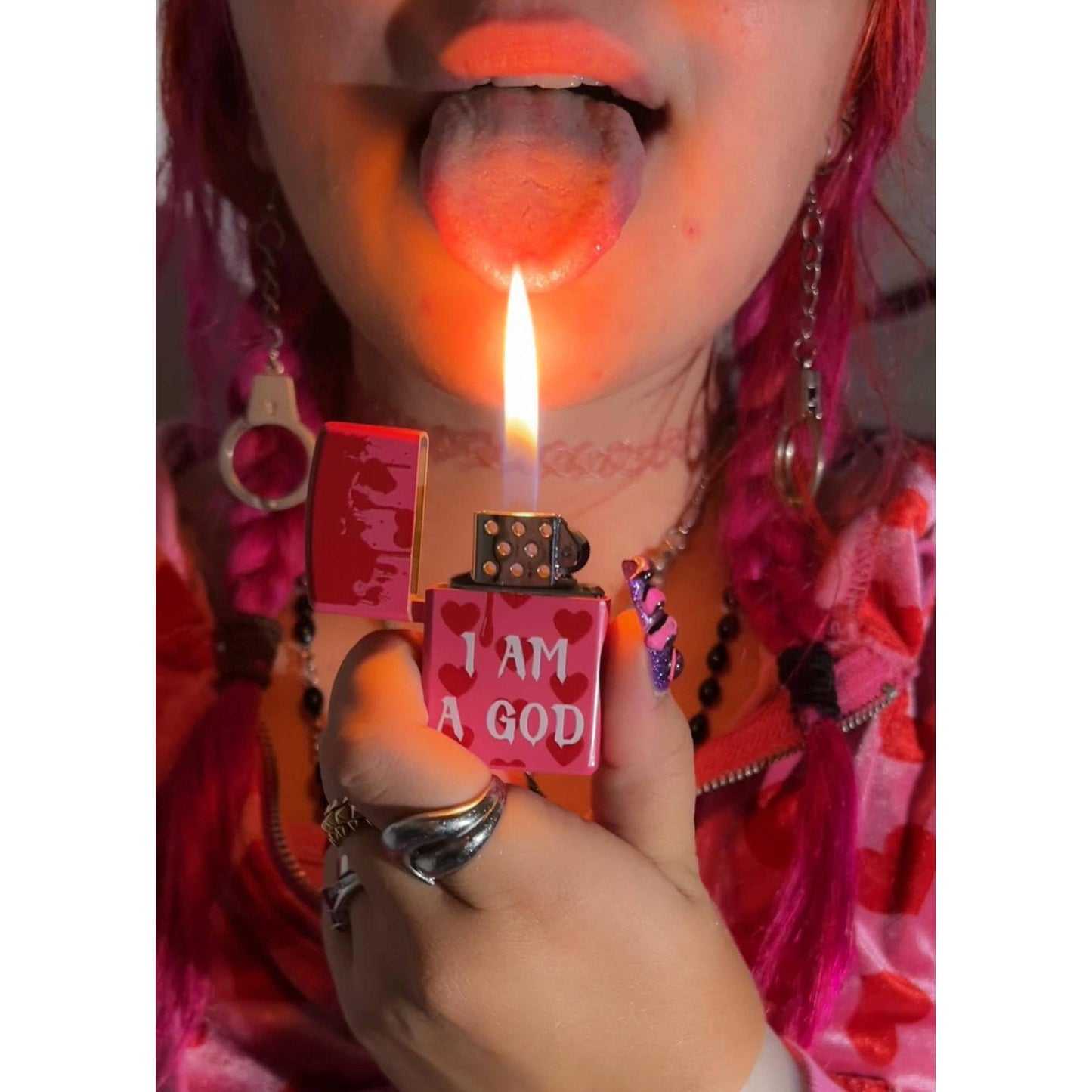 Jennifer's "I Am A God'' Lighter in Pink with Heart Designs | 2" x 1.25"