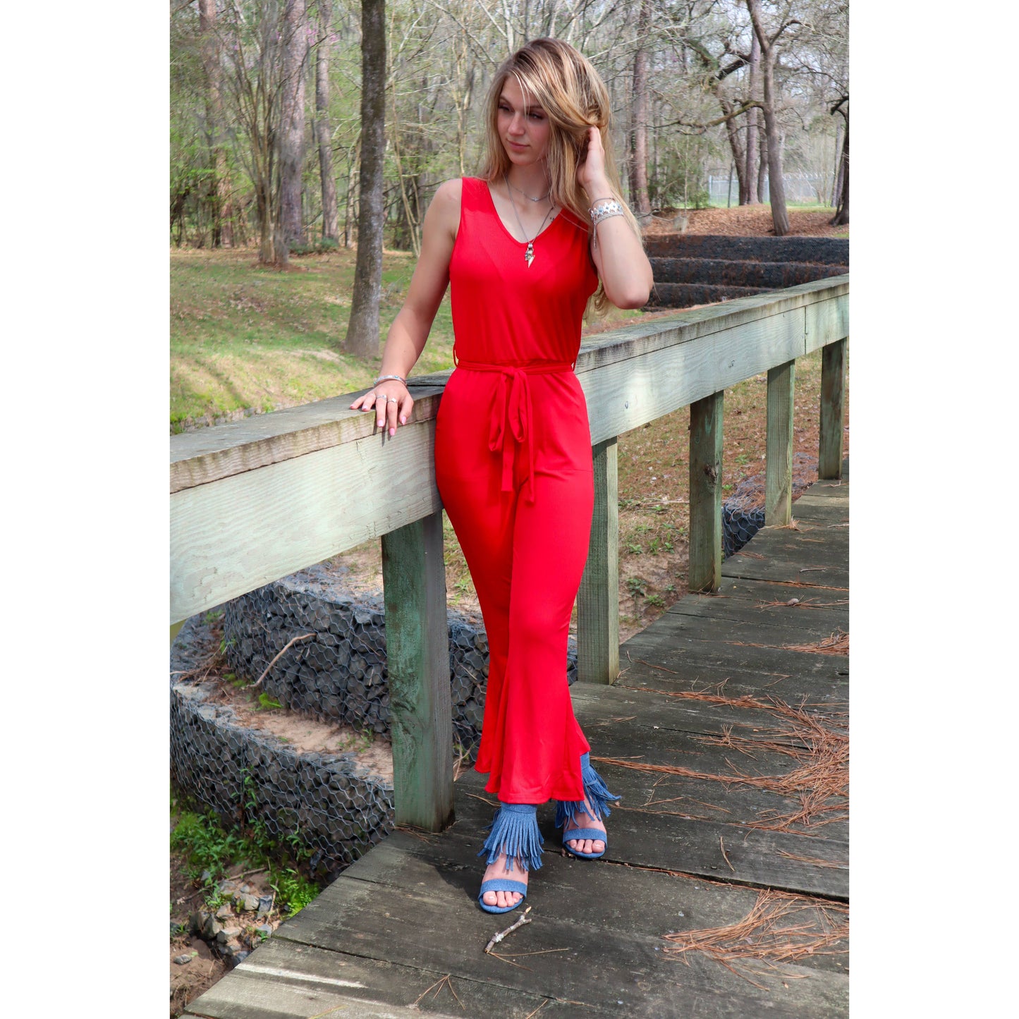 Jewel Flare Leg Ribbed Jumpsuit in Navy or Red [SIZE L and XL REMAINING]