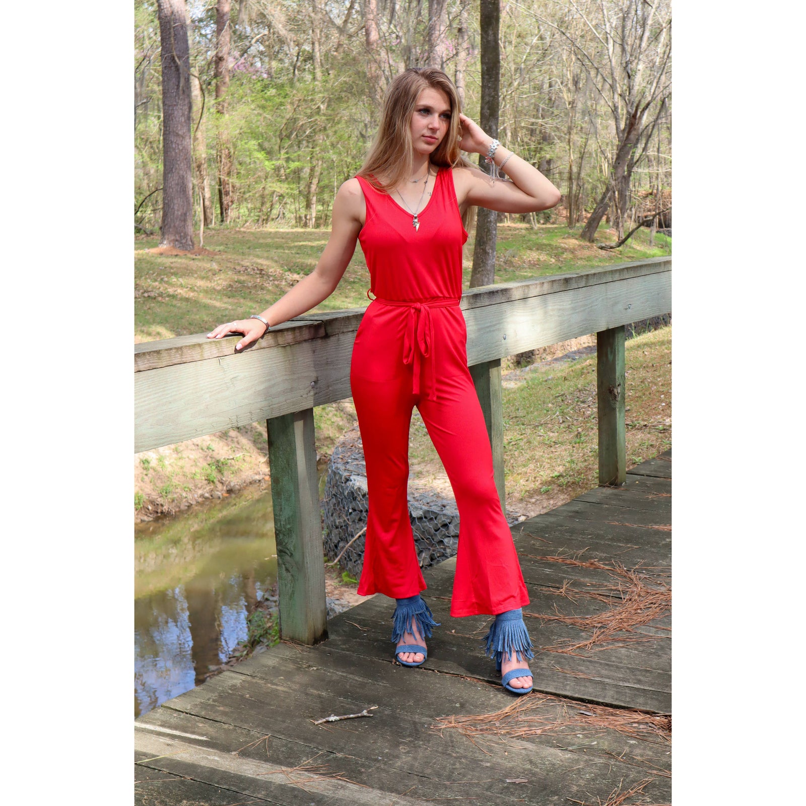 Jewel Flare Leg Ribbed Jumpsuit in Navy or Red [SIZE L and XL REMAINING]