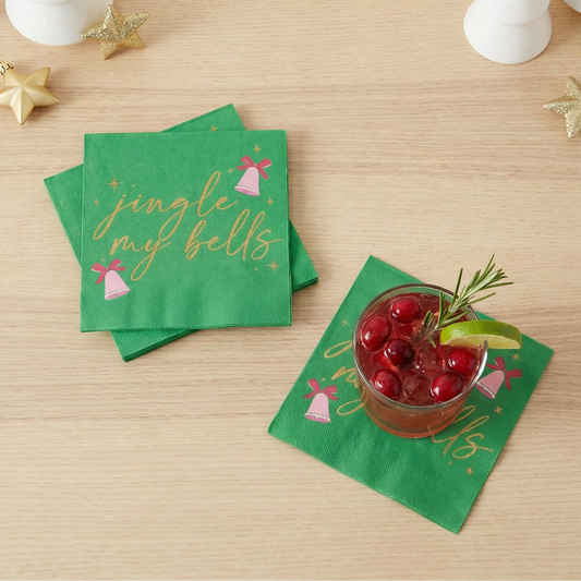 Jingle My Bells Christmas Beverage Napkins in Green | Cocktail Beverage Holiday Napkin | 5" Square