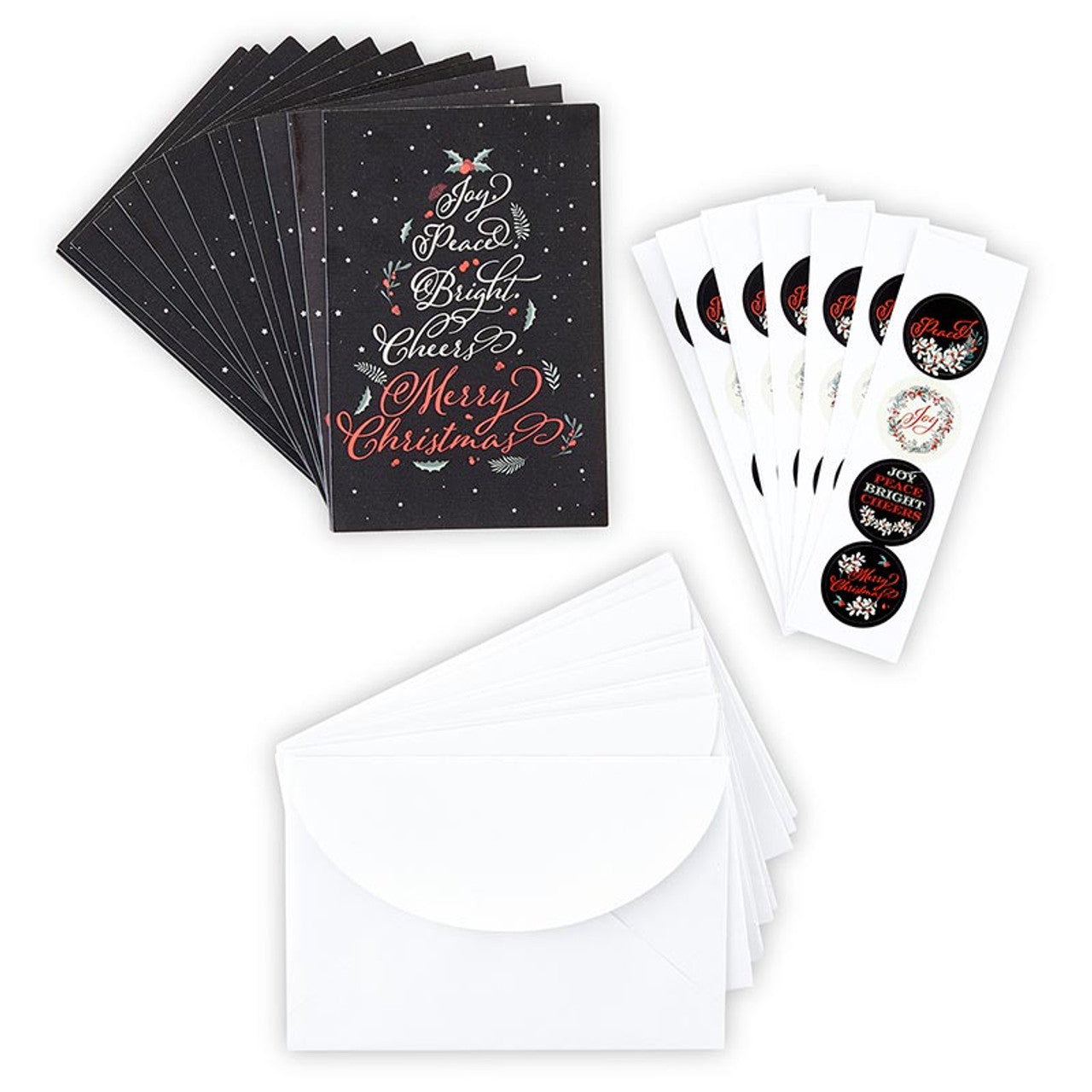 Joy Peace Bright Cheers Merry Christmas Cards with Envelopes and Sticker Seals | Dark Floral Blank Inside Holiday Greeting Cards Set of 12