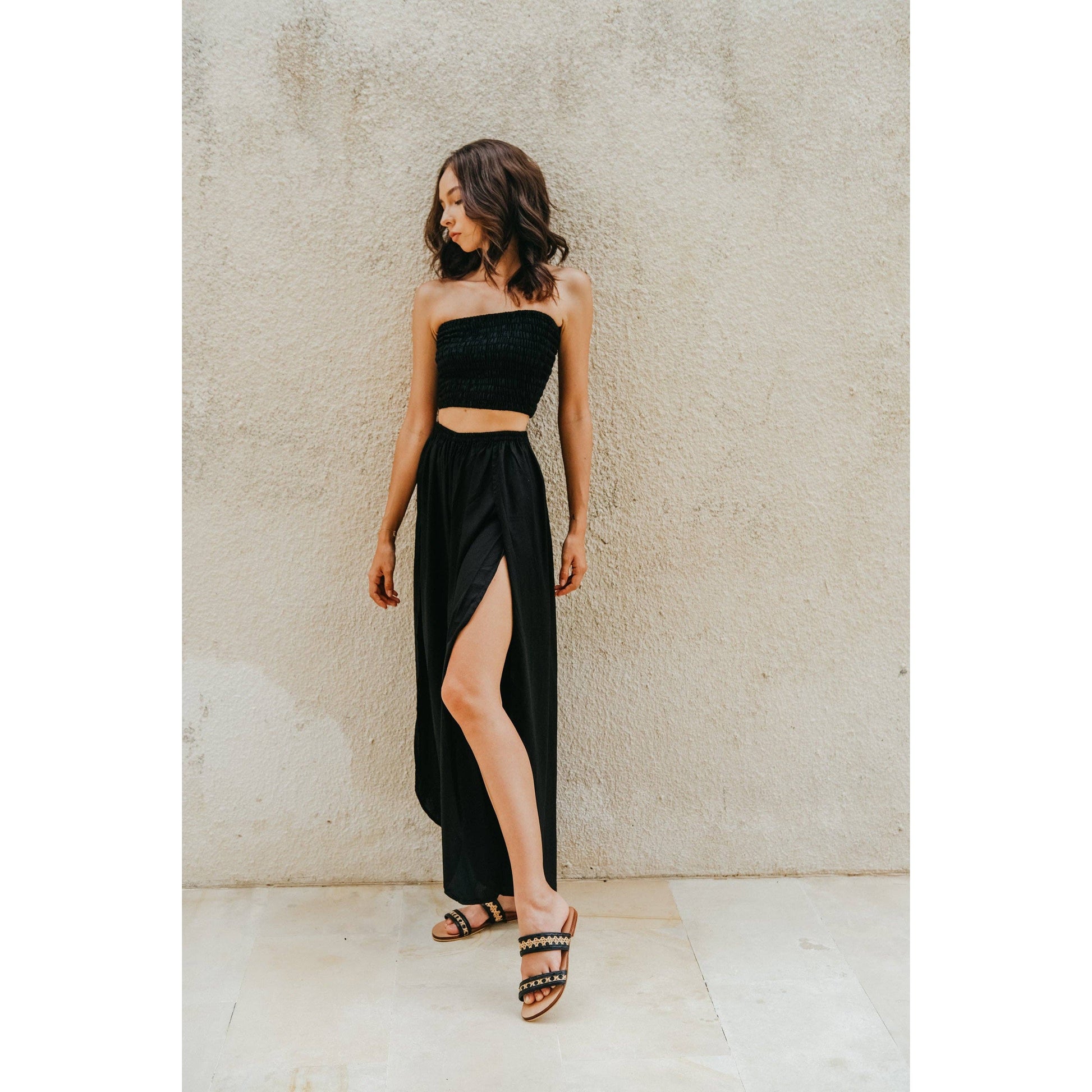 Judith Side Split Pants With Matching Tube Top in Black