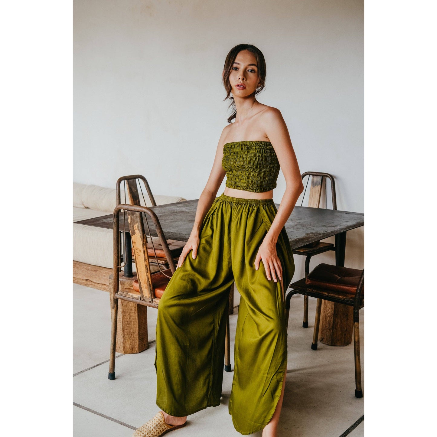 Judith Side Split Pants With Matching Tube Top in Olive